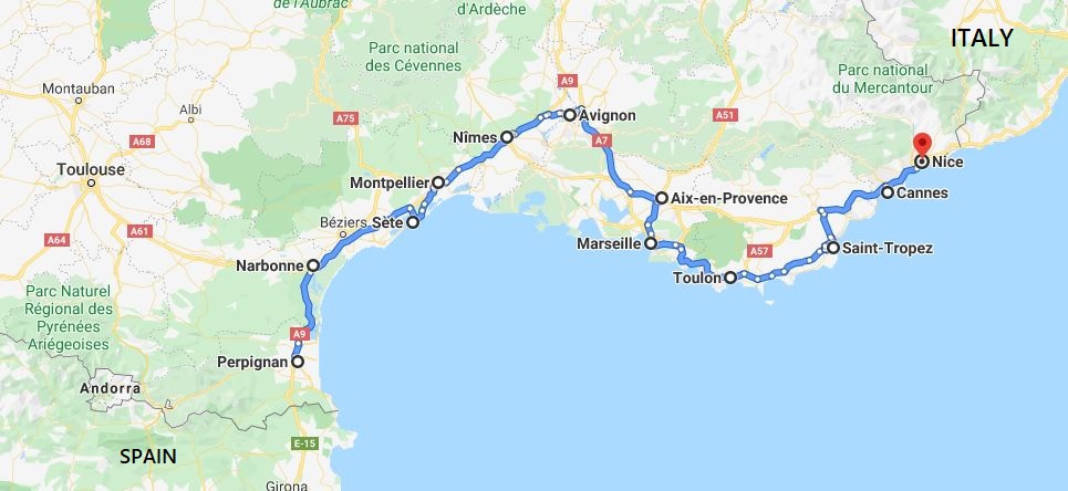 2 weeks in the South of France : Perpignan - Narbonne - Sète - Montpellier - Nîmes - Avignon - Aix en Provence - Marseille - Toulon - Saint Tropez - Cannes - Nice.